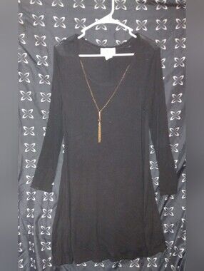TMG New York Stretch Black Dress With Gold Necklace Accent Size Large 3/4 Sleeve